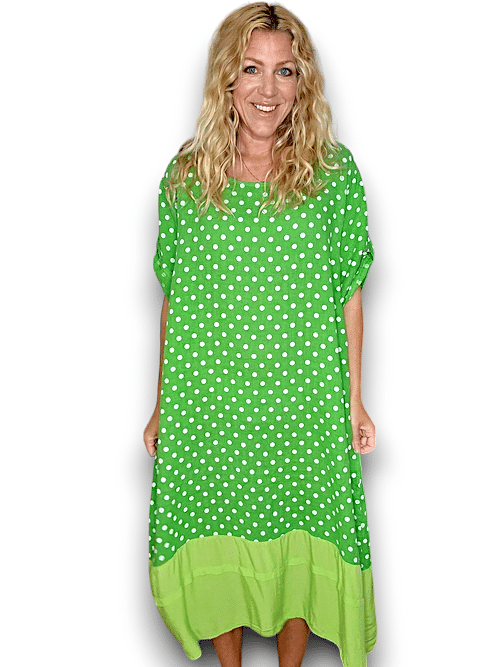 HELGA MAY_BUTTON SLEEVE HEM DRESS LINEN POLKA DOT BRIGHT GREEN _ BUTTON SLEEVE HEM DRESS LINEN POLKA DOT BRIGHT GREEN _ Ebony Boutique NZ