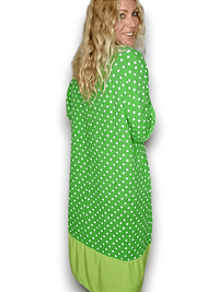 HELGA MAY_BUTTON SLEEVE HEM DRESS LINEN POLKA DOT BRIGHT GREEN _ BUTTON SLEEVE HEM DRESS LINEN POLKA DOT BRIGHT GREEN _ Ebony Boutique NZ