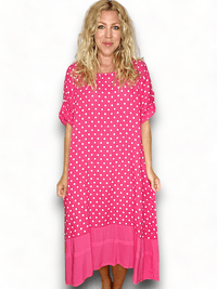 HELGA MAY_BUTTON SLEEVE HEM DRESS LINEN POLKA DOT HOT PINK _ BUTTON SLEEVE HEM DRESS LINEN POLKA DOT HOT PINK _ Ebony Boutique NZ