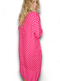 HELGA MAY_BUTTON SLEEVE HEM DRESS LINEN POLKA DOT HOT PINK _ BUTTON SLEEVE HEM DRESS LINEN POLKA DOT HOT PINK _ Ebony Boutique NZ