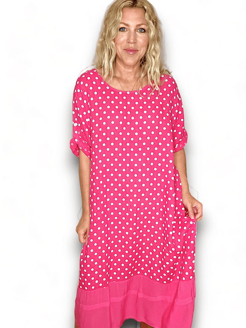 HELGA MAY_BUTTON SLEEVE HEM DRESS LINEN POLKA DOT HOT PINK _ BUTTON SLEEVE HEM DRESS LINEN POLKA DOT HOT PINK _ Ebony Boutique NZ