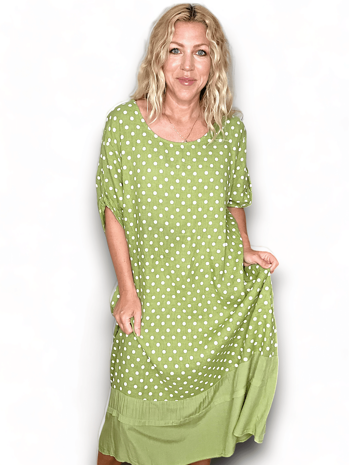 HELGA MAY_BUTTON SLEEVE HEM DRESS LINEN POLKA DOT LIME _ BUTTON SLEEVE HEM DRESS LINEN POLKA DOT LIME _ Ebony Boutique NZ