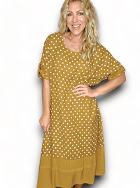 HELGA MAY_BUTTON SLEEVE HEM DRESS LINEN POLKA DOT MUSTARD _ BUTTON SLEEVE HEM DRESS LINEN POLKA DOT MUSTARD _ Ebony Boutique NZ