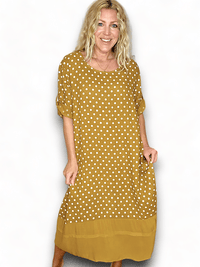 HELGA MAY_BUTTON SLEEVE HEM DRESS LINEN POLKA DOT MUSTARD _ BUTTON SLEEVE HEM DRESS LINEN POLKA DOT MUSTARD _ Ebony Boutique NZ