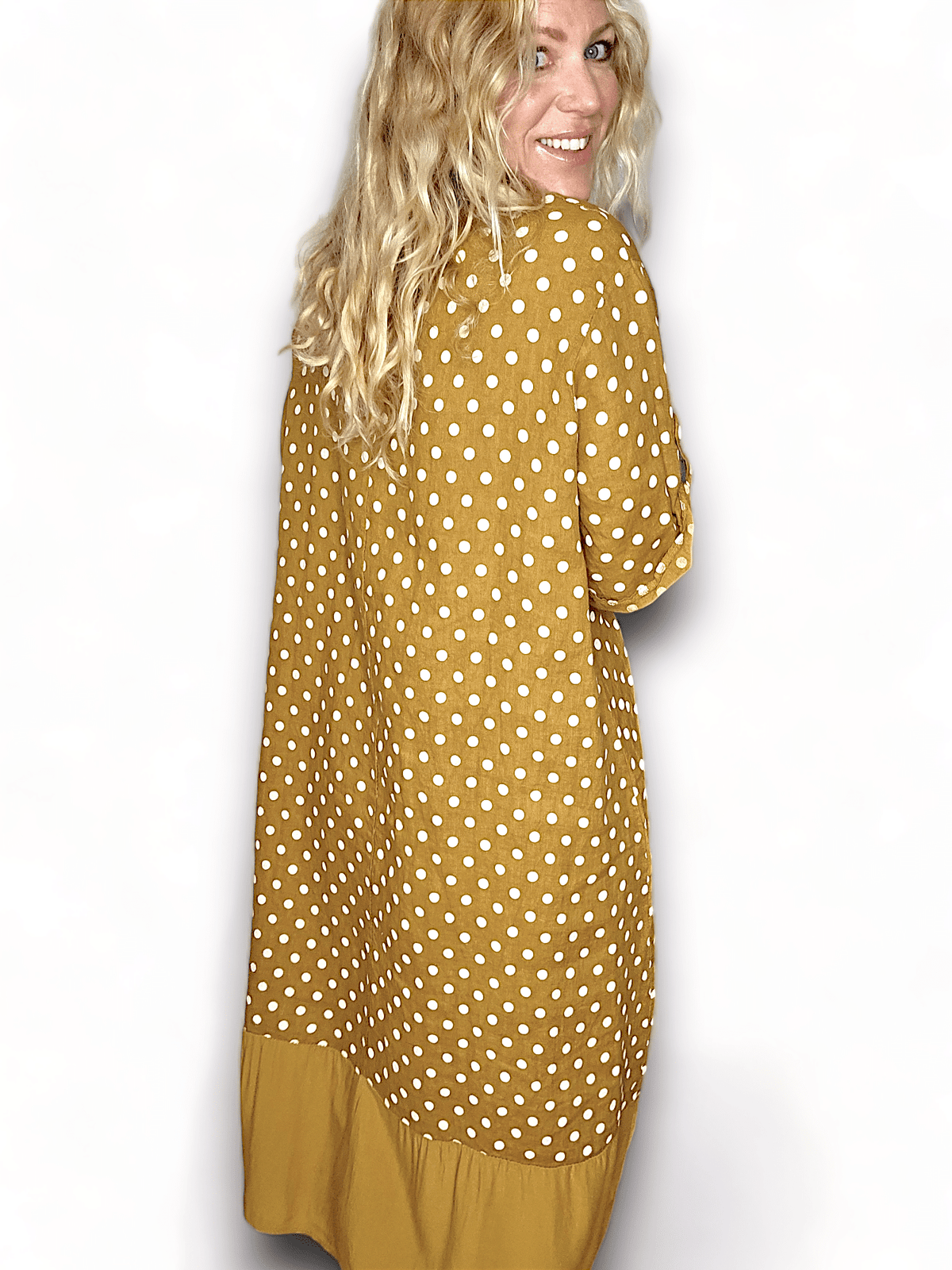 HELGA MAY_BUTTON SLEEVE HEM DRESS LINEN POLKA DOT MUSTARD _ BUTTON SLEEVE HEM DRESS LINEN POLKA DOT MUSTARD _ Ebony Boutique NZ