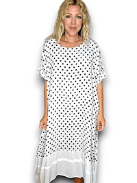 HELGA MAY_BUTTON SLEEVE HEM DRESS LINEN POLKA DOT WHITE _ BUTTON SLEEVE HEM DRESS LINEN POLKA DOT WHITE _ Ebony Boutique NZ