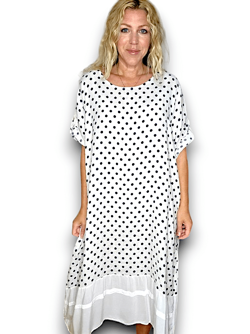 HELGA MAY_BUTTON SLEEVE HEM DRESS LINEN POLKA DOT WHITE _ BUTTON SLEEVE HEM DRESS LINEN POLKA DOT WHITE _ Ebony Boutique NZ