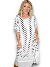 HELGA MAY_BUTTON SLEEVE HEM DRESS LINEN POLKA DOT WHITE _ BUTTON SLEEVE HEM DRESS LINEN POLKA DOT WHITE _ Ebony Boutique NZ