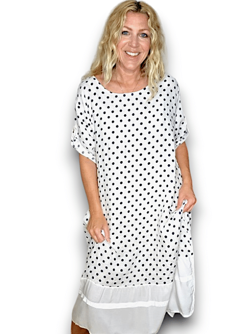 HELGA MAY_BUTTON SLEEVE HEM DRESS LINEN POLKA DOT WHITE _ BUTTON SLEEVE HEM DRESS LINEN POLKA DOT WHITE _ Ebony Boutique NZ