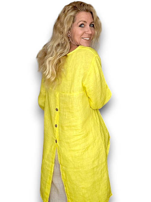 HELGA MAY_BUTTON SPLIT DOVETAIL TOP LINEN BRIGHT YELLOW _ BUTTON SPLIT DOVETAIL TOP LINEN BRIGHT YELLOW _ Ebony Boutique NZ