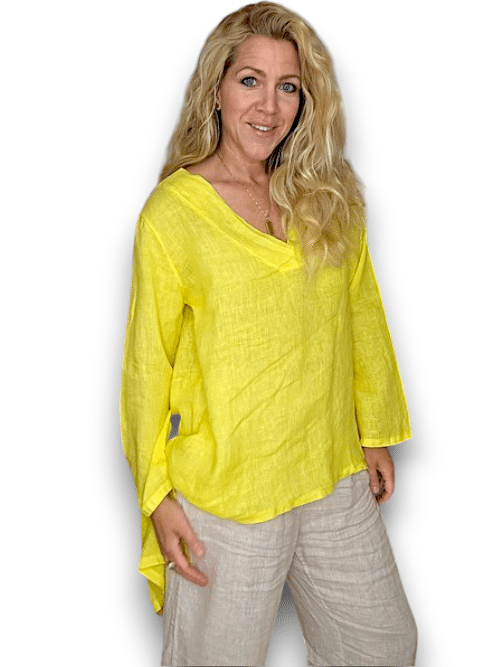 HELGA MAY_BUTTON SPLIT DOVETAIL TOP LINEN BRIGHT YELLOW _ BUTTON SPLIT DOVETAIL TOP LINEN BRIGHT YELLOW _ Ebony Boutique NZ