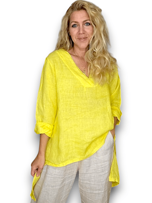 HELGA MAY_BUTTON SPLIT DOVETAIL TOP LINEN BRIGHT YELLOW _ BUTTON SPLIT DOVETAIL TOP LINEN BRIGHT YELLOW _ Ebony Boutique NZ