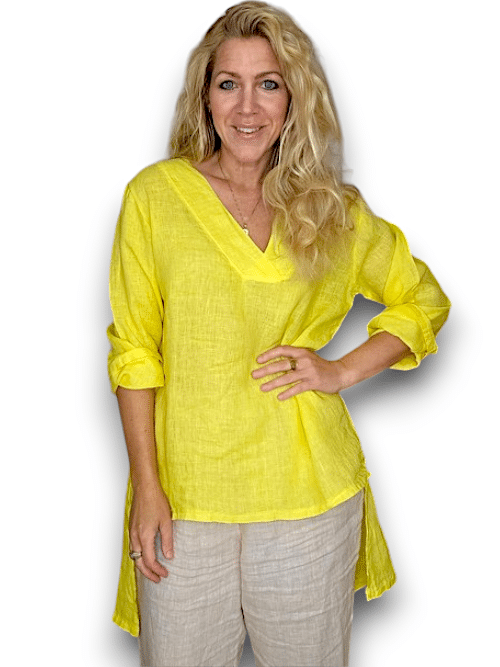 HELGA MAY_BUTTON SPLIT DOVETAIL TOP LINEN BRIGHT YELLOW _ BUTTON SPLIT DOVETAIL TOP LINEN BRIGHT YELLOW _ Ebony Boutique NZ