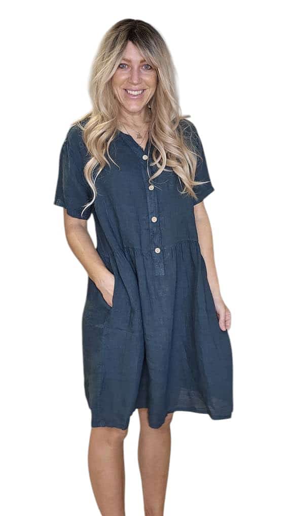 HELGA MAY_COCONUT BUTTON MIDI DRESS LINEN DARK JADE _ COCONUT BUTTON MIDI DRESS LINEN DARK JADE _ Ebony Boutique NZ