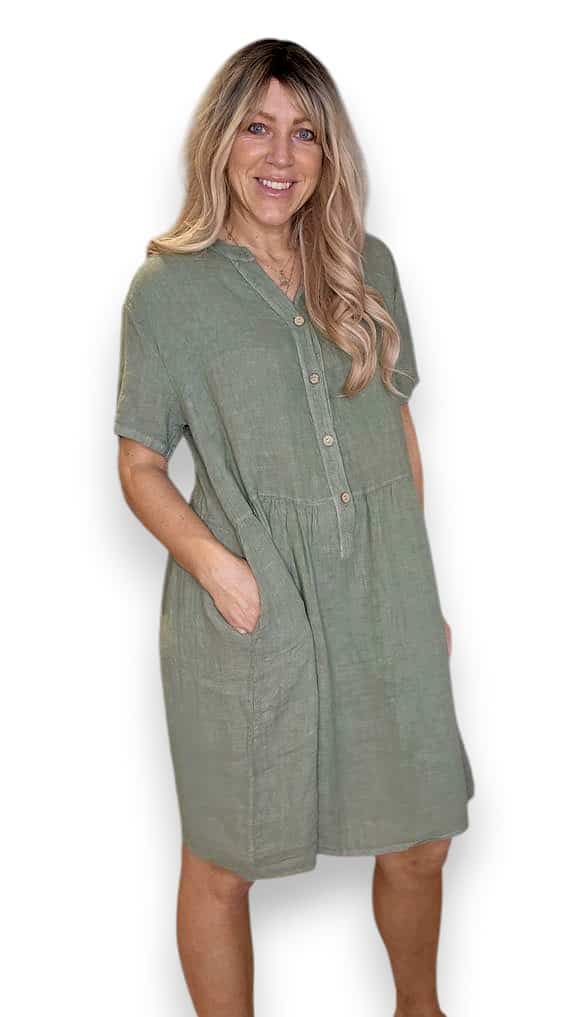 HELGA MAY_COCONUT BUTTON MIDI DRESS LINEN FOREST _ COCONUT BUTTON MIDI DRESS LINEN FOREST _ Ebony Boutique NZ