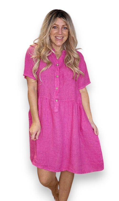 HELGA MAY_COCONUT BUTTON MIDI DRESS LINEN HOT PINK _ COCONUT BUTTON MIDI DRESS LINEN HOT PINK _ Ebony Boutique NZ