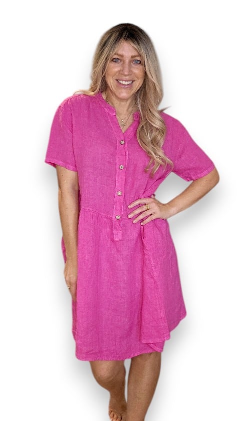 HELGA MAY_COCONUT BUTTON MIDI DRESS LINEN HOT PINK _ COCONUT BUTTON MIDI DRESS LINEN HOT PINK _ Ebony Boutique NZ