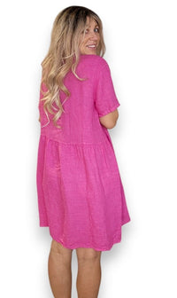 HELGA MAY_COCONUT BUTTON MIDI DRESS LINEN HOT PINK _ COCONUT BUTTON MIDI DRESS LINEN HOT PINK _ Ebony Boutique NZ