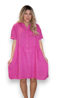 HELGA MAY_COCONUT BUTTON MIDI DRESS LINEN HOT PINK _ COCONUT BUTTON MIDI DRESS LINEN HOT PINK _ Ebony Boutique NZ