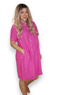 HELGA MAY_COCONUT BUTTON MIDI DRESS LINEN HOT PINK _ COCONUT BUTTON MIDI DRESS LINEN HOT PINK _ Ebony Boutique NZ