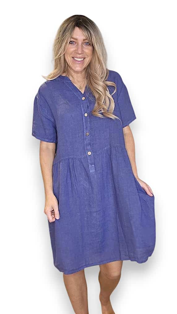 HELGA MAY_COCONUT BUTTON MIDI DRESS LINEN INDIGO _ COCONUT BUTTON MIDI DRESS LINEN INDIGO _ Ebony Boutique NZ