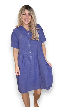 HELGA MAY_COCONUT BUTTON MIDI DRESS LINEN INDIGO _ COCONUT BUTTON MIDI DRESS LINEN INDIGO _ Ebony Boutique NZ