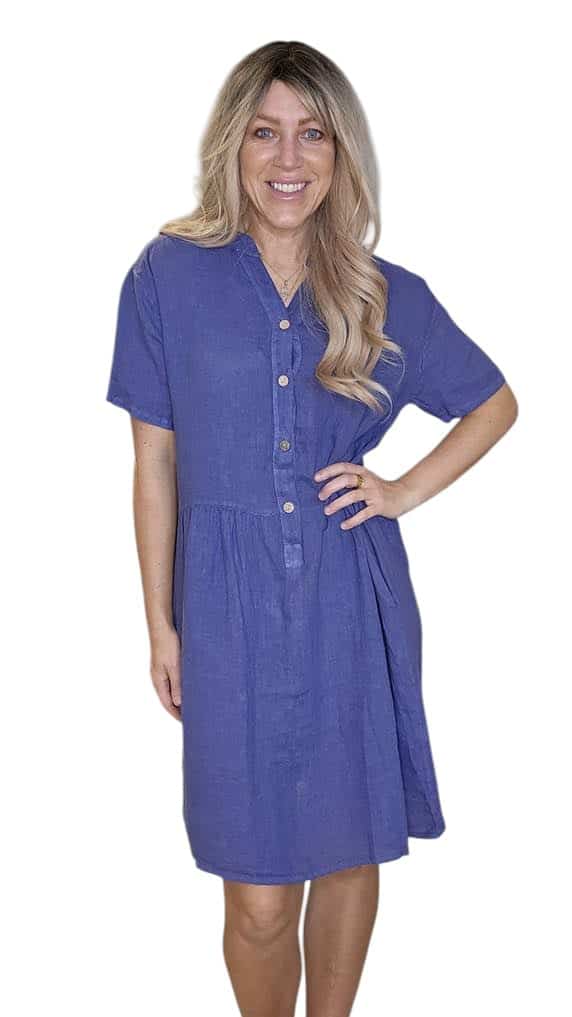 HELGA MAY_COCONUT BUTTON MIDI DRESS LINEN INDIGO _ COCONUT BUTTON MIDI DRESS LINEN INDIGO _ Ebony Boutique NZ