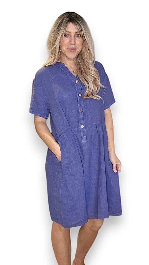 HELGA MAY_COCONUT BUTTON MIDI DRESS LINEN INDIGO _ COCONUT BUTTON MIDI DRESS LINEN INDIGO _ Ebony Boutique NZ