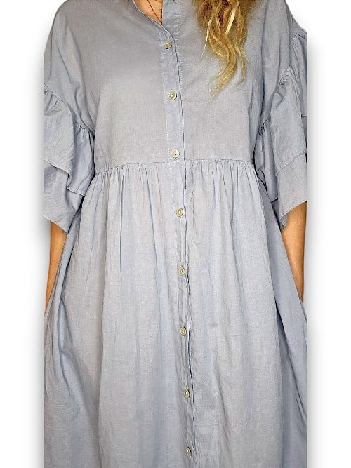 HELGA MAY_COTTON FRONT BUTTON FRILL DRESS LINEN BIANCA LIGHT PETROL _ COTTON FRONT BUTTON FRILL DRESS LINEN BIANCA LIGHT PETROL _ Ebony Boutique NZ