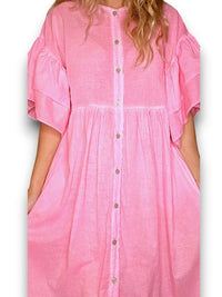 HELGA MAY_COTTON FRONT BUTTON FRILL DRESS LINEN BIANCA NEON PINK _ COTTON FRONT BUTTON FRILL DRESS LINEN BIANCA NEON PINK _ Ebony Boutique NZ