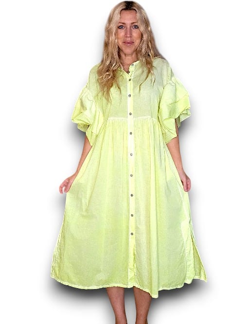 HELGA MAY_COTTON FRONT BUTTON FRILL DRESS LINEN BIANCA NEON YELLOW _ COTTON FRONT BUTTON FRILL DRESS LINEN BIANCA NEON YELLOW _ Ebony Boutique NZ