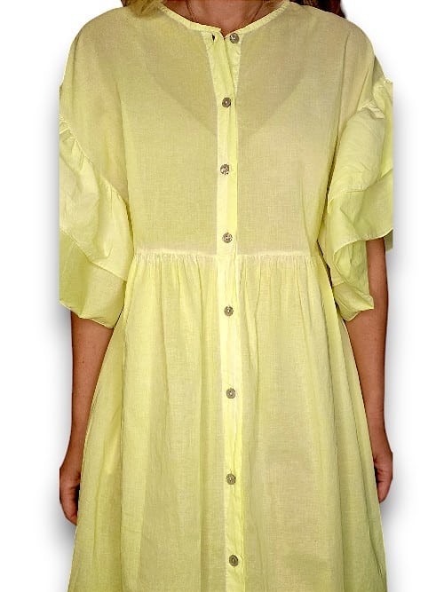 HELGA MAY_COTTON FRONT BUTTON FRILL DRESS LINEN BIANCA NEON YELLOW _ COTTON FRONT BUTTON FRILL DRESS LINEN BIANCA NEON YELLOW _ Ebony Boutique NZ