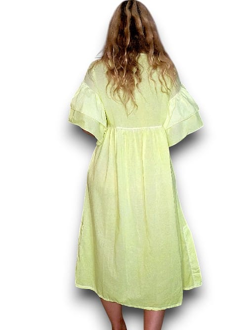 HELGA MAY_COTTON FRONT BUTTON FRILL DRESS LINEN BIANCA NEON YELLOW _ COTTON FRONT BUTTON FRILL DRESS LINEN BIANCA NEON YELLOW _ Ebony Boutique NZ