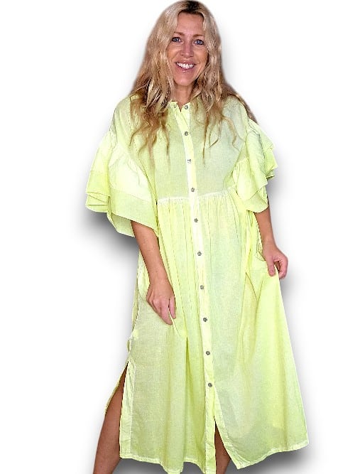 HELGA MAY_COTTON FRONT BUTTON FRILL DRESS LINEN BIANCA NEON YELLOW _ COTTON FRONT BUTTON FRILL DRESS LINEN BIANCA NEON YELLOW _ Ebony Boutique NZ