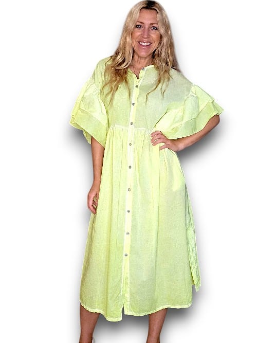 HELGA MAY_COTTON FRONT BUTTON FRILL DRESS LINEN BIANCA NEON YELLOW _ COTTON FRONT BUTTON FRILL DRESS LINEN BIANCA NEON YELLOW _ Ebony Boutique NZ