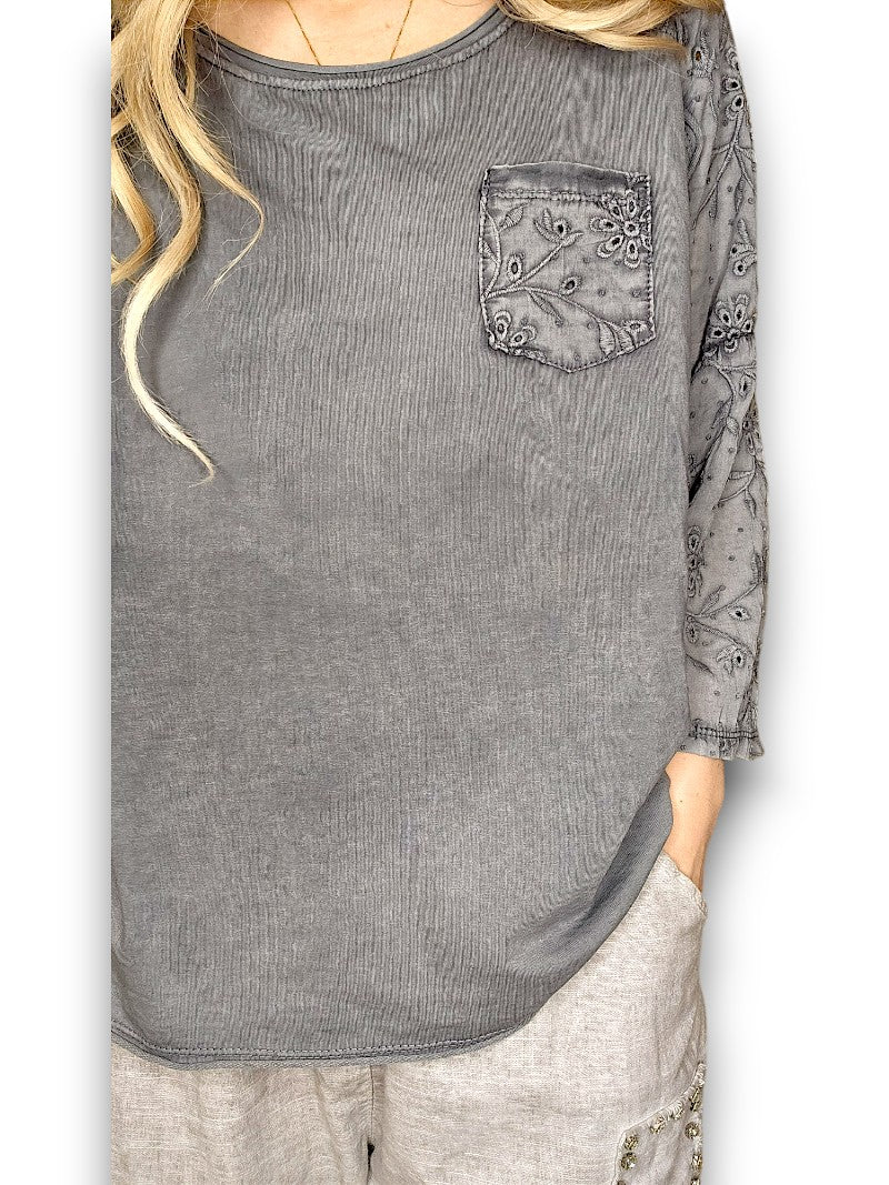 HELGA MAY_COTTON FRONT POCKET TOP GREY _ COTTON FRONT POCKET TOP GREY _ Ebony Boutique NZ