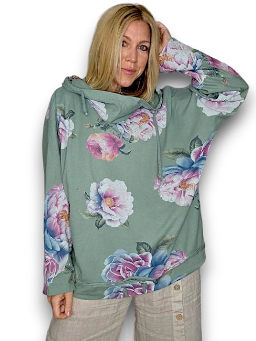 HELGA MAY_COTTON HOODIE PEONY OMBRE SAGE GREEN _ COTTON HOODIE PEONY OMBRE SAGE GREEN _ Ebony Boutique NZ
