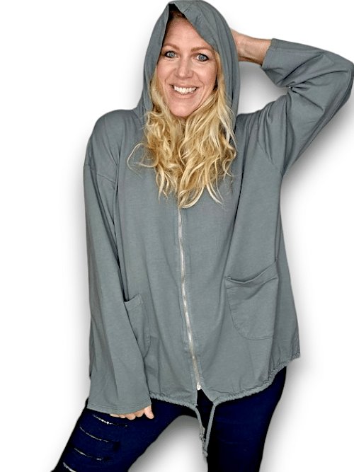 HELGA MAY_COTTON ZIP HOODIE LINEN PLAIN GREY _ COTTON ZIP HOODIE LINEN PLAIN GREY _ Ebony Boutique NZ