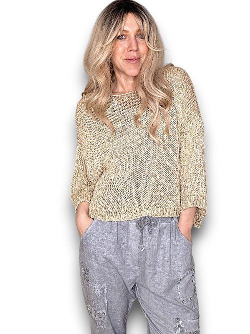 HELGA MAY_CREW BOXY SLEVEE KNIT GOLD GLITTER _ CREW BOXY SLEVEE KNIT GOLD GLITTER _ Ebony Boutique NZ