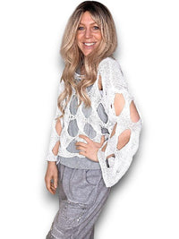 HELGA MAY_DIAMOND HOLLOW LONG SLEEVE KNIT WHITE _ DIAMOND HOLLOW LONG SLEEVE KNIT WHITE _ Ebony Boutique NZ