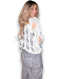 HELGA MAY_DIAMOND HOLLOW LONG SLEEVE KNIT WHITE _ DIAMOND HOLLOW LONG SLEEVE KNIT WHITE _ Ebony Boutique NZ