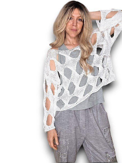 HELGA MAY_DIAMOND HOLLOW LONG SLEEVE KNIT WHITE _ DIAMOND HOLLOW LONG SLEEVE KNIT WHITE _ Ebony Boutique NZ