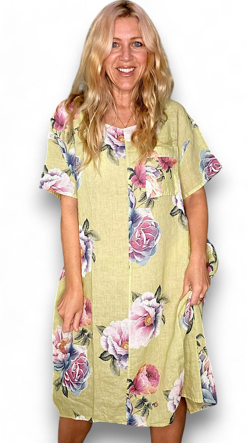 HELGA MAY_EASY PEASY T - SHAPE DRESS LINEN OMBRE PEONY LIME _ EASY PEASY T - SHAPE DRESS LINEN OMBRE PEONY LIME _ Ebony Boutique NZ