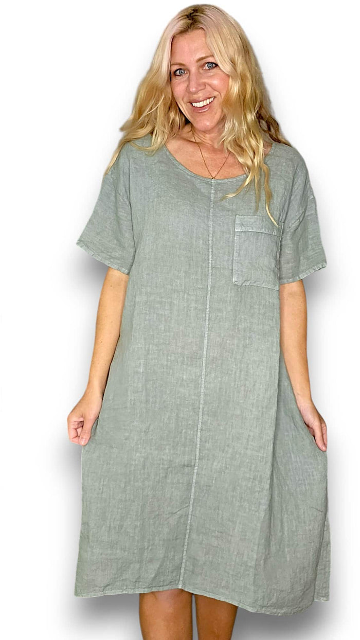 HELGA MAY_EASY PEASY T - SHAPE DRESS LINEN PALE SAGE _ EASY PEASY T - SHAPE DRESS LINEN PALE SAGE _ Ebony Boutique NZ