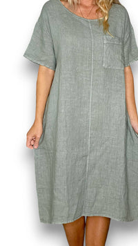 HELGA MAY_EASY PEASY T - SHAPE DRESS LINEN PALE SAGE _ EASY PEASY T - SHAPE DRESS LINEN PALE SAGE _ Ebony Boutique NZ