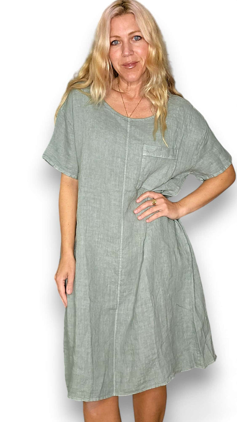 HELGA MAY_EASY PEASY T - SHAPE DRESS LINEN PALE SAGE _ EASY PEASY T - SHAPE DRESS LINEN PALE SAGE _ Ebony Boutique NZ