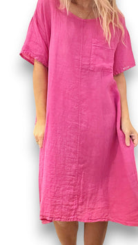 HELGA MAY_EASY PEASY TEE SHAPE LINEN DRESS HOT PINK _ EASY PEASY TEE SHAPE LINEN DRESS HOT PINK _ Ebony Boutique NZ