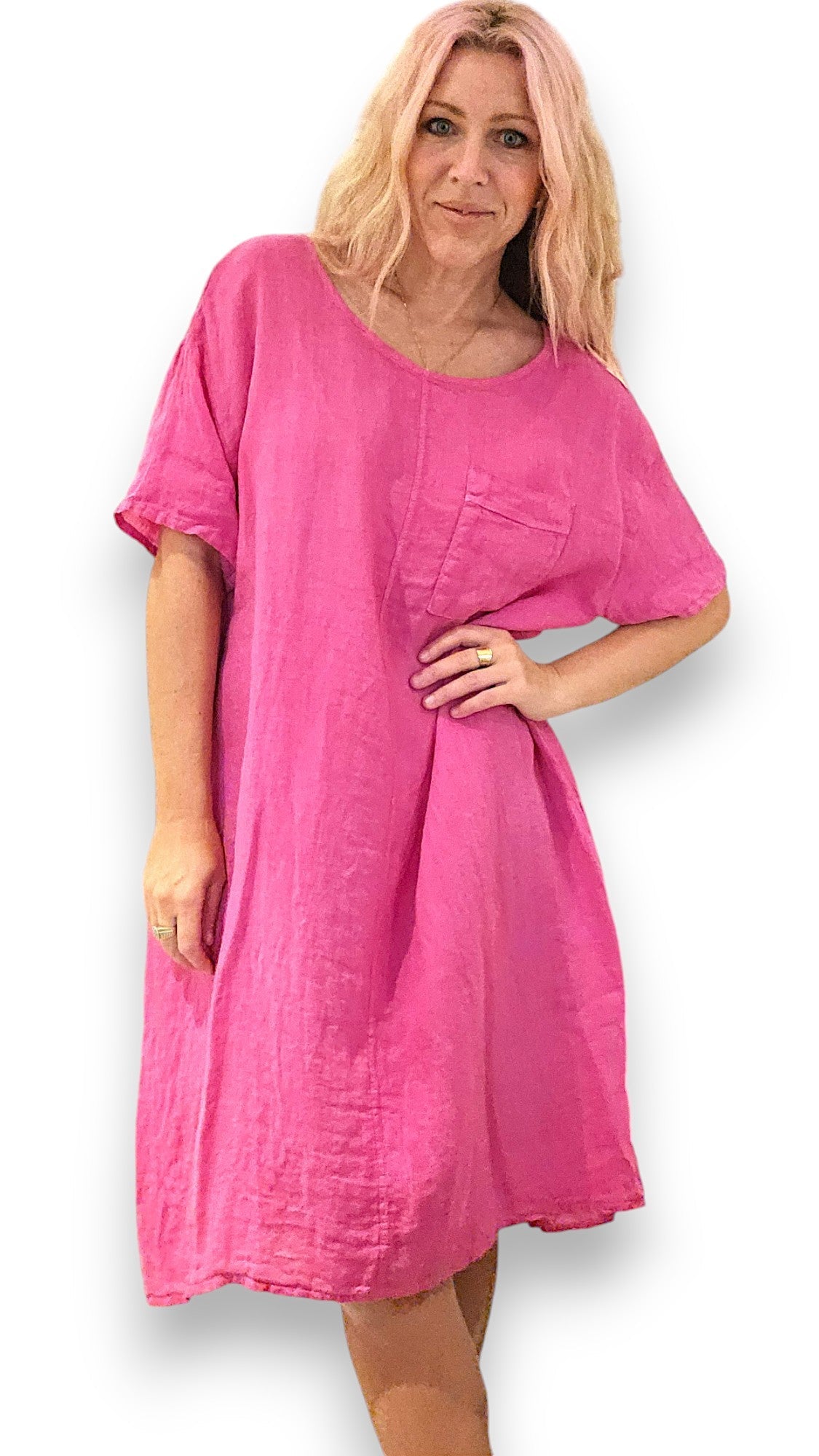 HELGA MAY_EASY PEASY TEE SHAPE LINEN DRESS HOT PINK _ EASY PEASY TEE SHAPE LINEN DRESS HOT PINK _ Ebony Boutique NZ