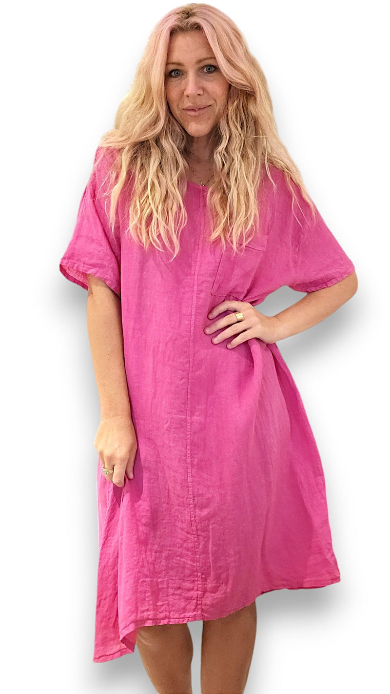 HELGA MAY_EASY PEASY TEE SHAPE LINEN DRESS HOT PINK _ EASY PEASY TEE SHAPE LINEN DRESS HOT PINK _ Ebony Boutique NZ