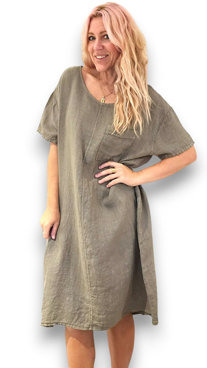 HELGA MAY_EASY PEASY TEE SHAPE LINEN DRESS MOCHA _ EASY PEASY TEE SHAPE LINEN DRESS MOCHA _ Ebony Boutique NZ